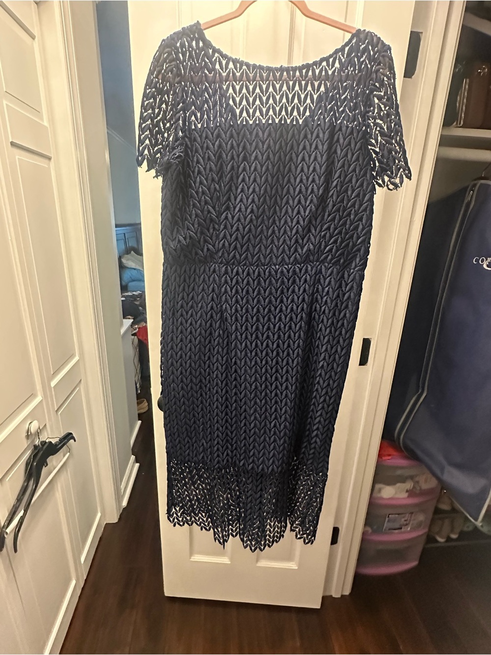 Kay Unger Navy Short-Sleeve Midi Lace Dress